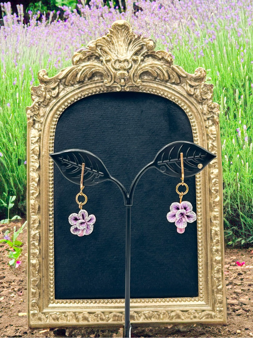 Vintage Lavender Floral Dangle Clip On Earrings, Polymer Clay Millefiori Flower